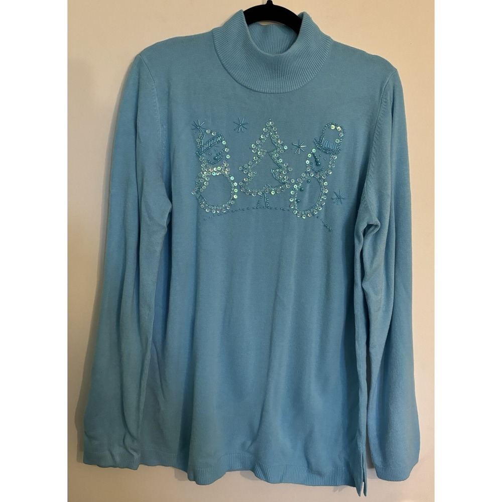 Quacker Factory NWT‎ Large Womens Light Blue beaded Acrylic Sweater Wearable Art